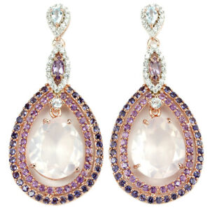 【送料無料】ネックレス　ローズクォーツアメジストアイオライトトパーズスターリングシルバーイヤリング54x25 mm real rose quartz amethyst iolite topaz cz sterling 925 silver earring
