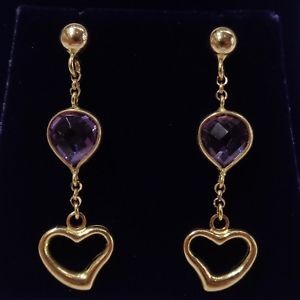 【送料無料】ネックレス　イエローゴールドハートアメジストドロップイヤリング9ct yellow gold heart and amethyst drop earrings length 40 mm