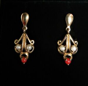 【送料無料】ネックレス　ビンテージゴールドパールコーラルドロップイヤリングvintage, 9ct gold, pearl amp; coral drop earrings xeed｜hokushin