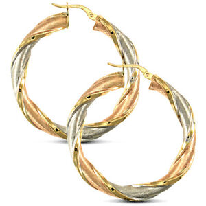 【送料無料】ネックレス　レディースイエローホワイトローズゴールドツイストフープイヤリングladies 9ct yellow white and rose gold frosted twisted 5mm hoop earrings 38mm