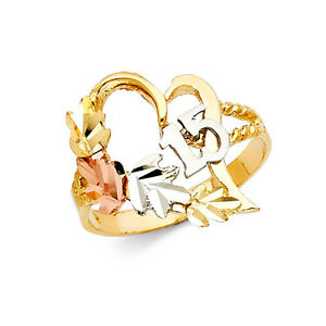 【送料無料】ネックレス　ソリッドゴールドリング14k real tri color solid gold 15 aos leaves quinceaera ring oro solido anillo