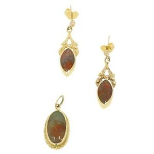 【送料無料】ネックレス　ゴールドジャスパードロップイヤリングペンダントセットpreowned 9ct gold and jasper drop earrings and pendant set ch824｜hokushin