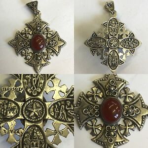 【送料無料】ネックレス ビンテージエルサレムソリッドシルバークロスカボションカネvintage jerum crusaders solid silver cross cabochon carnelian 45cm