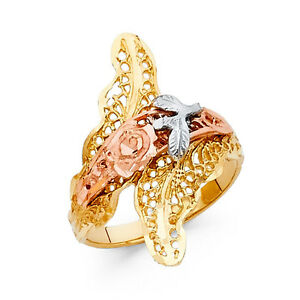 【送料無料】ネックレス　トリコロールゴールドリング14k real solid tricolor gold 25 mm flower ring anillo flor oro solido