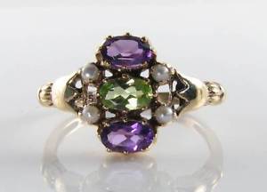 【送料無料】ネックレス　ゴールドペリドットアメジストパールアールデコリングフリーサイズsuffragette 9k 9ct gold peridot amethyst pearl art deco ring free resize