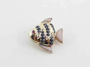 【送料無料】ネックレス　イエローゴールドサファイアルビーローズクォーツピンペンダント14k yellow gold sapphire ruby rose quartz fish pin charm and pendant