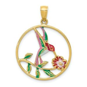 【送料無料】ネックレス イエローゴールドエナメルフレームペンダントグラム14k yellow gold enameled hummingbird amp; flower round frame pendant 255gram