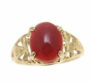 【送料無料】ネックレス genuine natural oval cabochon red coral ring hawaiianplumeria 14k yellow goldgenuine natural oval cabochon red coral ring