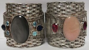 【貨物輸送無料】頸飾り 葡萄925スターリング折り返しw   jy001vintage ornate woven 925 sterling silver cuff bracelets w stones  jy001