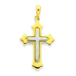 【送料無料】ネックレス　14kホワイトゴールドイチハツクロスペンダント14k yellow and white gold solid polished fleur de lis budded cross pendant｜hokushin