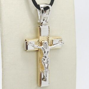【貨物輸送無料】首飾り 神のことばペンダントホワイトイェローゴールド750 18kcross pendant white yellow gold 750 18k, with christ, finely knitted ネックレス・ペンダント-男女兼用アクセサリー