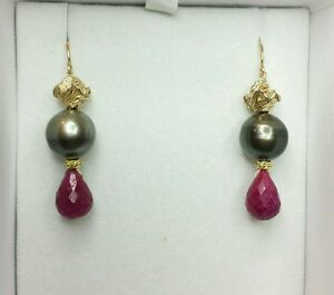 【送料無料】ネックレス　タヒチイヤリングソリッドｋゴールドフラワールビードロップナシtahitian pearl earrings solid 14k gold flower 4ct ruby tear drop pear briolette