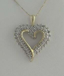 【送料無料】ネックレス　レディースｋイエローゴールドバゲットラウンドカットハートペンダントladies 10k yellow gold 14ct baguette round cut heart pendant charm 34g 59,988円