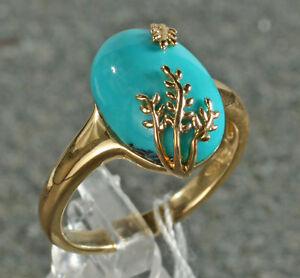 【送料無料】ネックレス　イエローゴールドターコイズカボションリーフデザインリング14k yellow gold genuine chinese turquoise 14 x10 mm cabochon leaf design ring｜hokushin