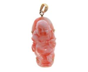 【送料無料】ネックレス　ピンクコーラルブッダペンダントソリッドｋイエローゴールドgenuine natural pink coral buddha pendant solid 14k yellow gold｜hokushin