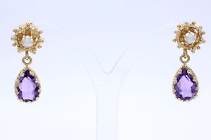 【送料無料】ネックレス　14ctイェローゴールドナシアメジストイアリング14ct quality yellow gold pear shaped amethyst and pearl earrings｜hokushin