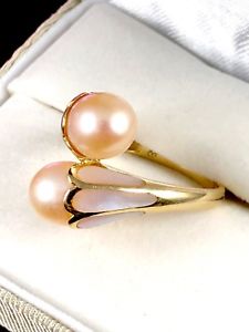 【送料無料】ネックレス　ゴールドローズパールアールヌーボーチューリップバイパスリングパール14k gold rose oblong pearl inlaid mother of pearl art nouveau tulip bypass ring｜hokushin