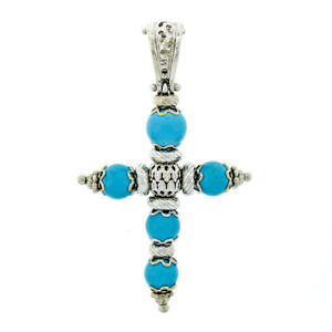 【送料無料】ネックレス イタリア18kホワイトゴールドトルコエンハンサークロスペンダントitalian 18k white gold turquoise bead detailed open work enhancer cross pendant