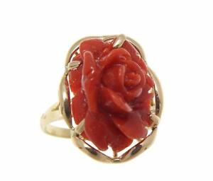 【送料無料】ネックレス　ソリッドｋイエローゴールドリングセットgenuine natural red coral carved flower ring set in solid 14k yellow gold｜hokushin