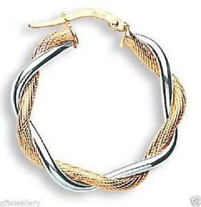 【送料無料】ネックレス　ホワイトイエローゴールドフープイヤリング9ct hallmarked white amp; yellow gold 27mm twist textured hoop earrings