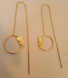 【送料無料】ネックレス　イエローゴールドトリプルドロップチェーンスレッドイヤリング9ct yellow gold triple heart pull through drop chain thread earrings 183g **