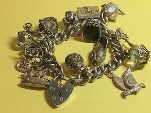 【送料無料】ネックレス　ビンテージソリッドシルバーブレスレットグラムvintage heavy 925,solid silver charm bracelet, 14 x large charms, 105,grams,｜hokushin