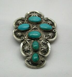 【送料無料】ネックレス　ブドウトルコクリップブローチvintage large heavy chinese silver and turquoise clip brooch