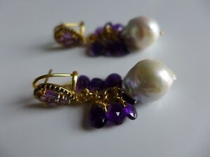 【送料無料】ネックレス　バロックーパールアメジストイアリング14ct14ct gold on silver baroque pearl and amethyst earrings