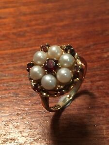 【送料無料】ネックレス　ゴールドガーネットクラスタリング9ct gold garnet and pearl cluster ring｜hokushin