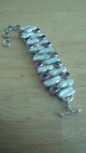 【送料無料】ネックレス　シルバーアメジストパールブレスレットsilver amethyst and biwa pearl statement bracelet｜hokushin 31,187円