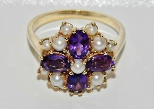 【送料無料】ネックレス　ゴールドアメジストパールクラスタリングサイズソリッドｋゴールド9ct gold amethyst amp; pearl large cluster ring size p solid 9k gold