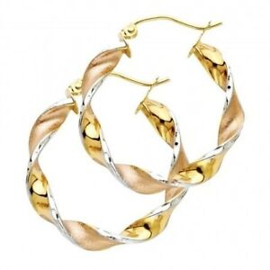 【送料無料】ネックレス　ソリッドカラートーンイタリアゴールドスワールツイストフープイヤリング14k solid tricolor three tone italian gold 4mm swirl twisted hoop earrings 25mm
