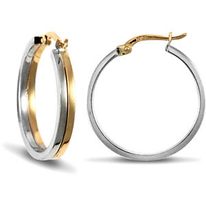 【送料無料】ネックレス　レディースイエローホワイトゴールドデュアルチューブフープイヤリングladies 9ct yellow and white gold dual tube 3mm hoop earrings 23mm