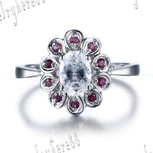 【送料無料】ネックレス　ホワイトトパーズルビーオーバルカット10kホワイトflawless genuine white topaz rubies oval cut bridal flower ring 10k white gold