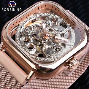 【送料無料】　腕時計　デザインautomatic transparent men wrist watch geometric square gold design self wind