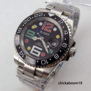 【送料無料】　腕時計　データム40mm schwarzes zifferblatt schwarz lnette datum lupe gmt automatische herrenuhr