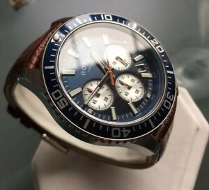 【貨物輸送無料】 ウオッチ ロータリークロノグラフネイビーレザーブラウンデザイナーmens genuine rotary chronograph navy blue leather brown designer watch