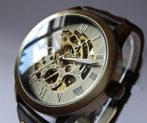 【貨物輸送無料】 ウオッチ スケルトンビンテージスタイリングレザーウォッチアンプスタッドボルト43粍 bronze automatic skeleton vintage styling watch leather amp; brass studs