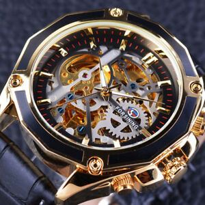 【送料無料】　腕時計　ケースギアゴールドステンレススチールwatch men transparent case gear steampunk automatic design gold stainless steel
