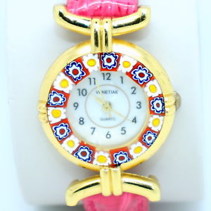【送料無料】　腕時計　ミッレフィオーリヴェニスムラノガラスピンクmurano glass quartz watch from venice with millefiori and pink strap gold trim