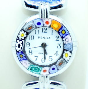 【送料無料】　腕時計　ムラーノヴェネツィアガラスストラップウォッチmurano glass quartz watch from venice with millefiori blue strap