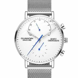 【送料無料】　腕時計　メンズクォーツシンラグジュアリークロノグラフステンレススチールメッシュウォッチmens quartz thin luxury minimal chronograph stainless steel watch guanqin mesh