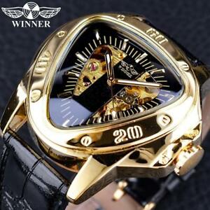 【送料無料】　腕時計　ファッショントライアングルゴールデンスケルトンムーブメントwinner steampunk fashion triangle golden skeleton movement mysterious men automa
