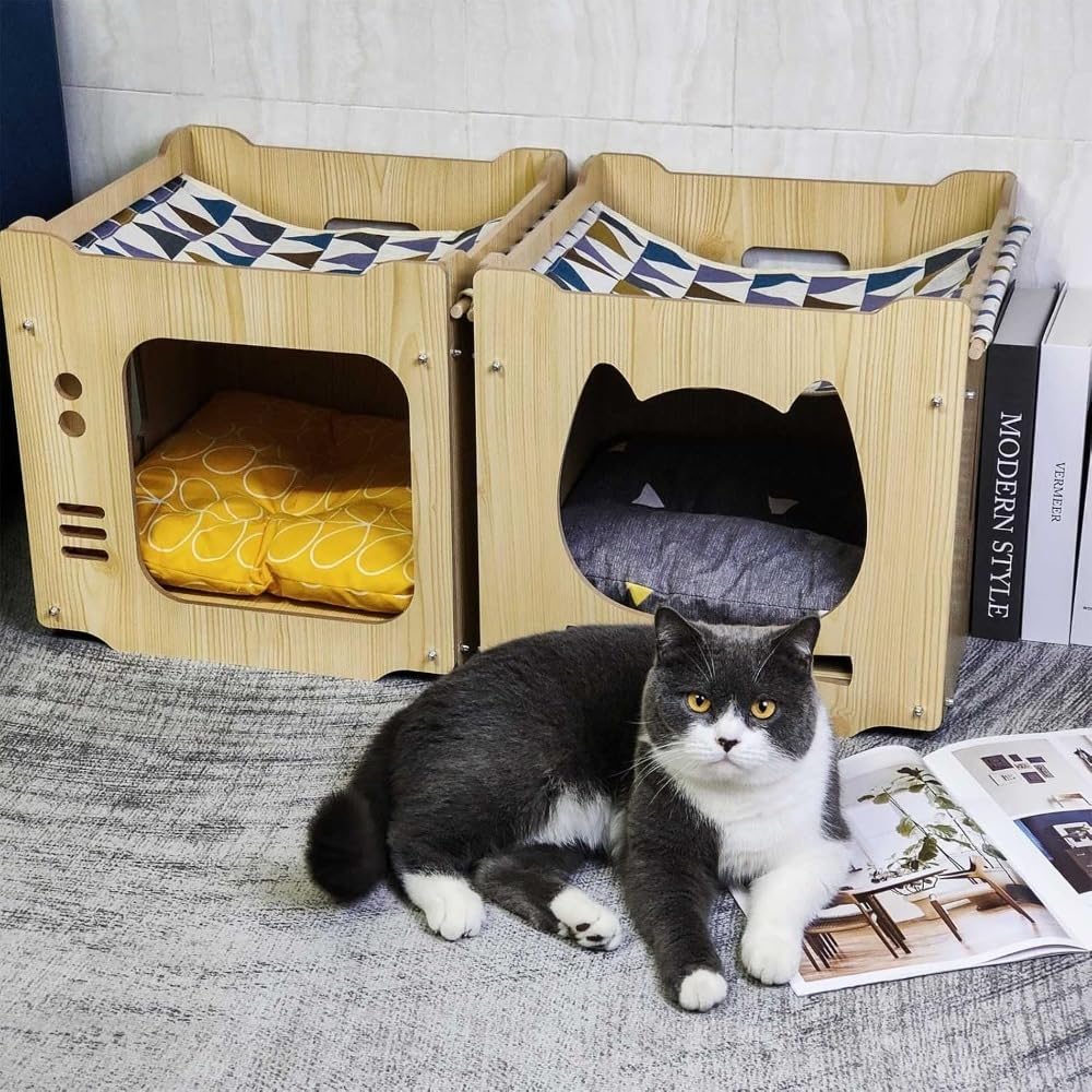 木製 ペットハウス 組立簡単 (テレビ L) 猫小屋 冬用 夏用 猫ハウス 猫ベッド 安心安全 可愛い 猫ハンモックと厚手のクッション付き 猫用 キャットハウス