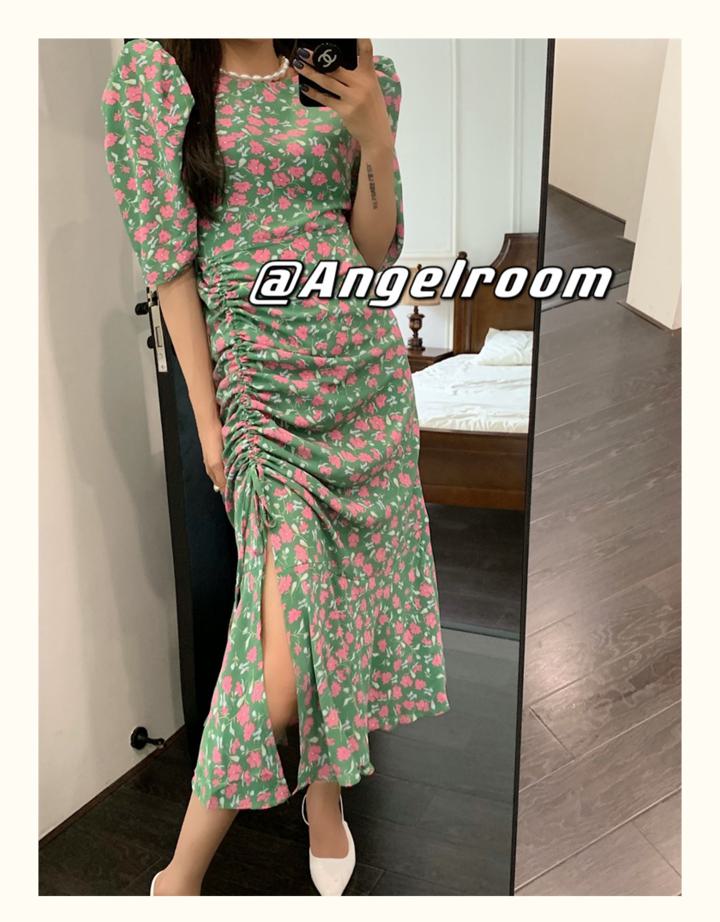 フローラルワンピース 花柄 半袖 ワンピース ドレス シャーリング シフォン ラウンドネック Aラインワンピース ハイウエスト フレンチ スリット レディース 可愛い 韓国4365