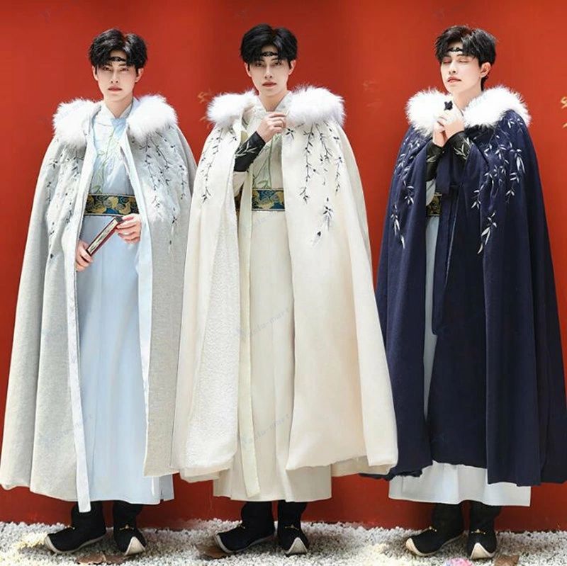 竹刺繍中華服 暖かいクリスマス舞台衣装 厚手 ロング丈羽織 コスプレ衣装 ハロウィン 唐装 ファー付き襟 中華厚手羽織コート 冬マント 漢服 ケープ 美品裏起毛メンズマント漢服 刺繍 チャイナ服