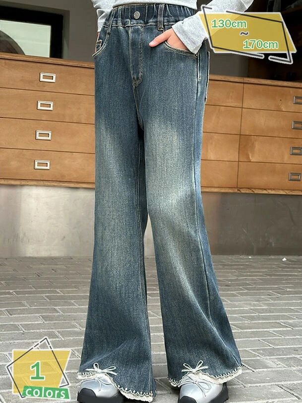 秋冬用 ストレッチ 130cm 大きいサイズ 女児用 普段着 キッズ 140cm ウエストゴム仕様 ブーツカット レース付き おしゃれ 150cm デニムパンツ ガールズパンツ