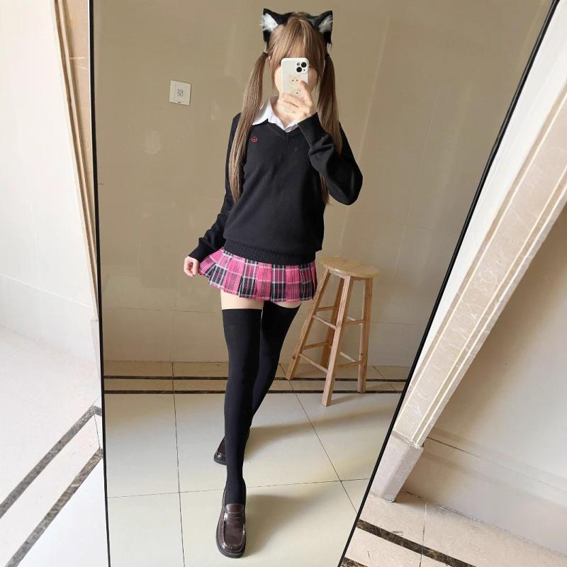 水色 JK制服 セーター トップス Vネック L S 秋 無地 レディース 冬 ニット ブラック 紺色 XLサイズ 刺繍入り 学院風 カットソー 長袖 コットン ホワイト M グレー