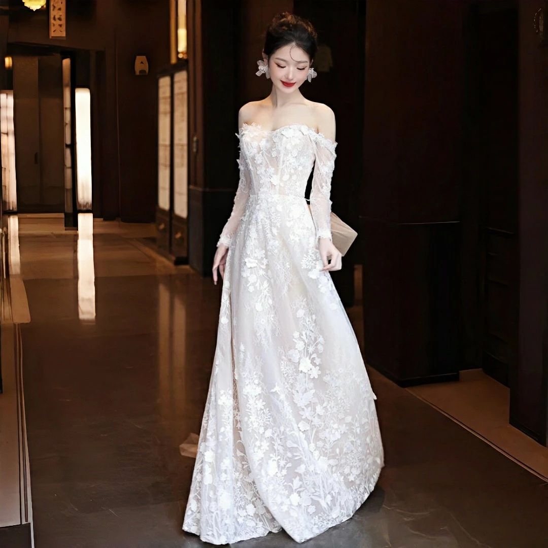 オフショルダー ウエディングドレス 前撮り Aラインドレス 花嫁 XS 披露宴 白 dress 結婚式 S 二次会ドレス ガーデンウエディング 結婚式 XXL L 海外挙式 パーティードレス wedding 後撮り ブライダル ロングドレス M