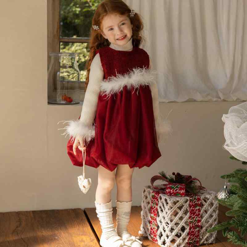 レッド 子供服 スウィート 背心ドレス ワンピース 誕生日 プリンセス キッズ 高品質 ウサギ毛 女の子 冬服 礼服